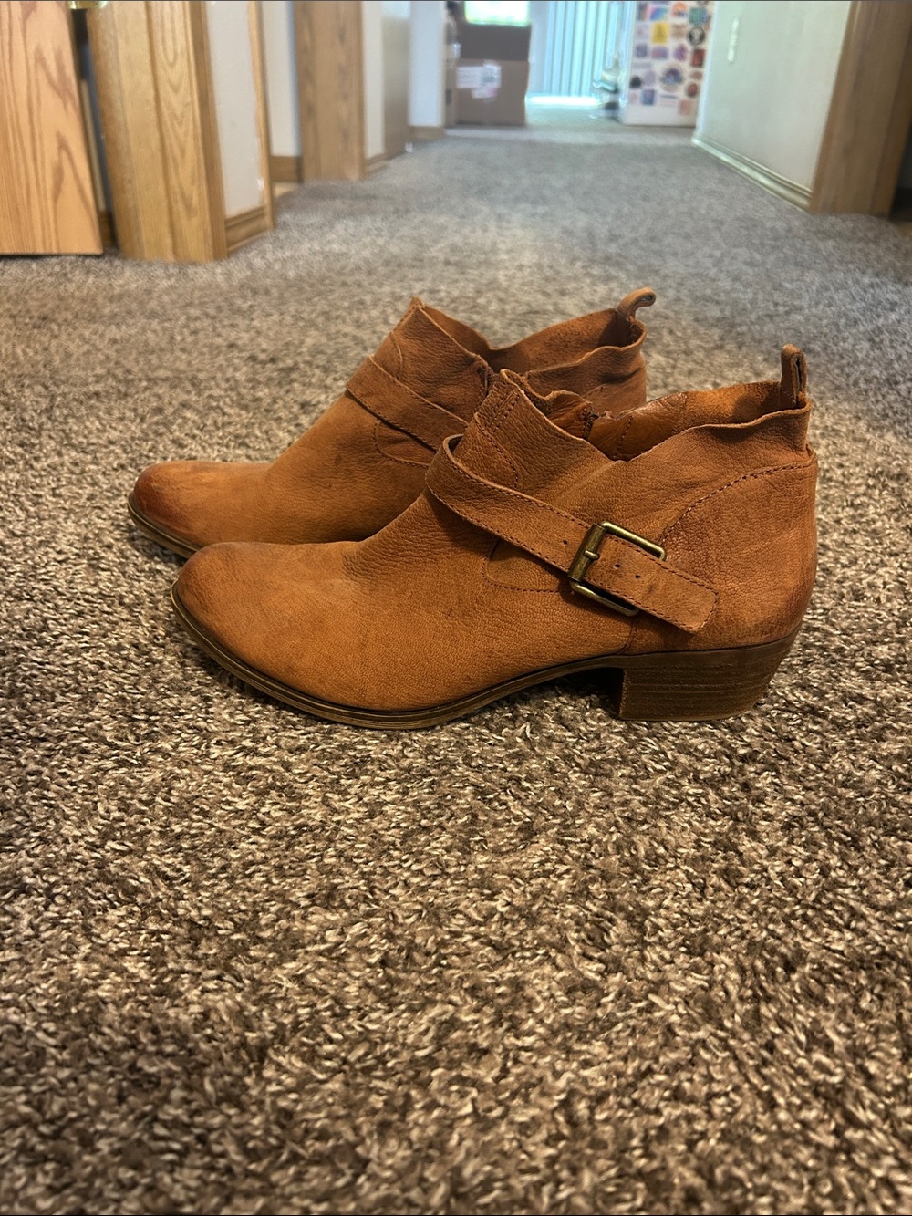 Lucky Brand Women's Suede Ankle Booties with Buckle Strap - Tan, size 10
